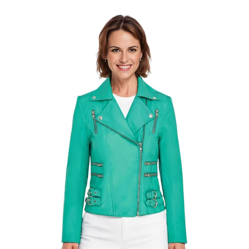 Ladies Leather Biker Jacket Aqua Blue Real Lamb Nappa Vintage Gothic Buckle Jacket