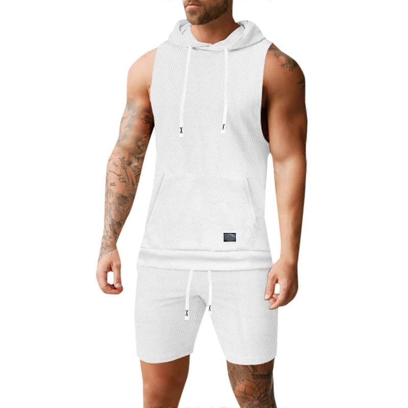Men’s Hooded Tank Tops Sleeveless Gym Shirt Sweat Shorts Hoodie Set of 2 Outfits Jogging Suits Men 29 White 3XL