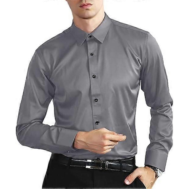 Mens Casual Dress Shirts Long Sleeve Stretch Regular Fit Button Down Shirt Four-Sided Elastic Grey