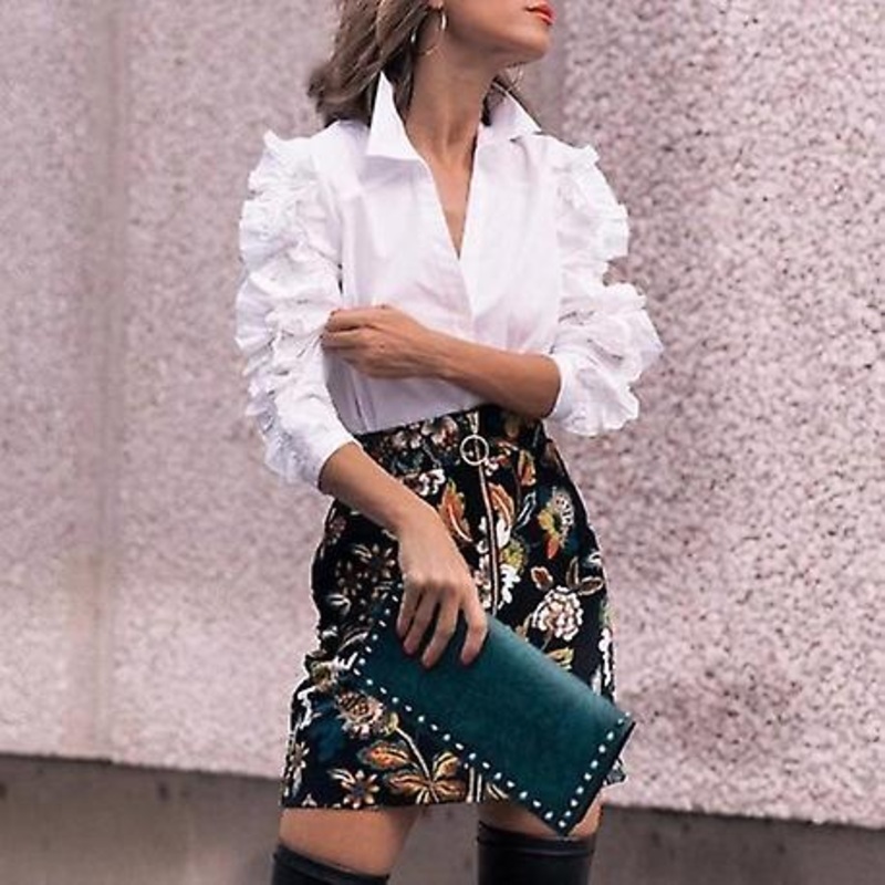 “ruffles Blouse Lapel Collar  Long Sleeve