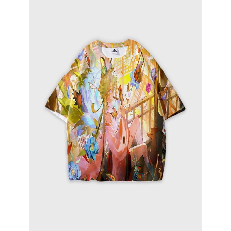 T-Shirt Round Neck, Loose Short Sleeve Onmyoji Graphic Tee, Unisex Summer Casual Top V898