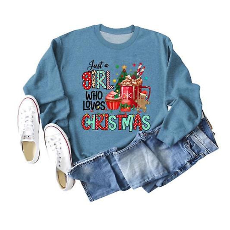 Women’s Autumn And Winter Long Sleeve New Arrival Fashion Christmas Series Printed Loose Top Ladies Just A Girl Who Alphabet Casual Round Neck Sweatsh