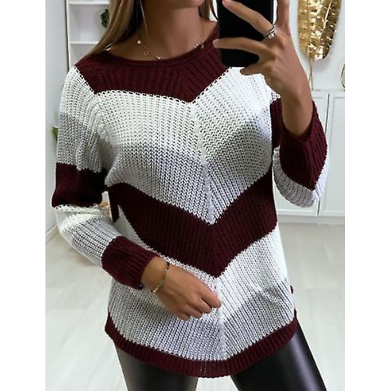 2023 New Women’s Round Neck Knitted Sweater Ins Fashion Color-blocking Irregular Long-sleeved Sweater For Ladies