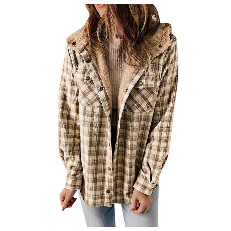 Checked Shirt Women’s Warm Flannel Shirt Checked Buttons Pockets Coat Lumberjack Jacket Plaid Plush Fleece Lined Jacket Winter Blouse Khaki XXL