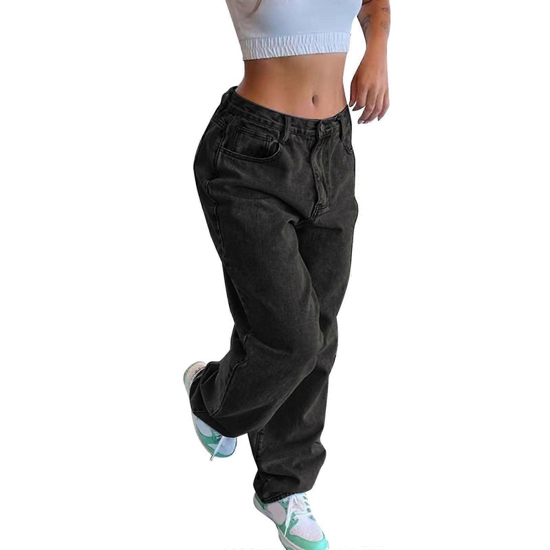 Damen Cargo Hose Jeans Y2K High Waist Baggy Denim Outdoorhose Schwarz M Oversized Relaxed-Fit mit Taschen