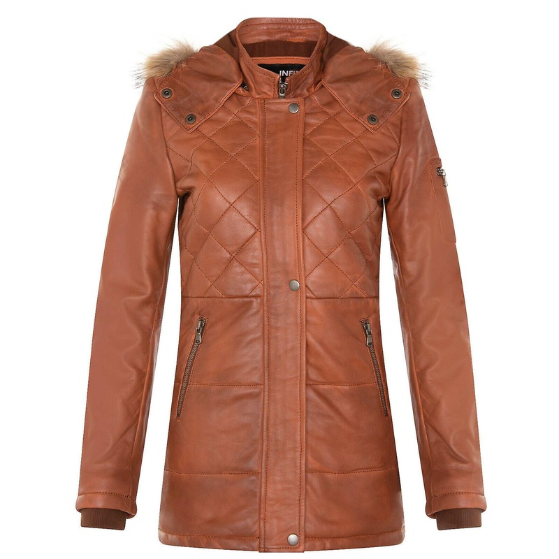 Ladies Leather  Tan  Retro Quilted Slim Fit Hooded  Jacket