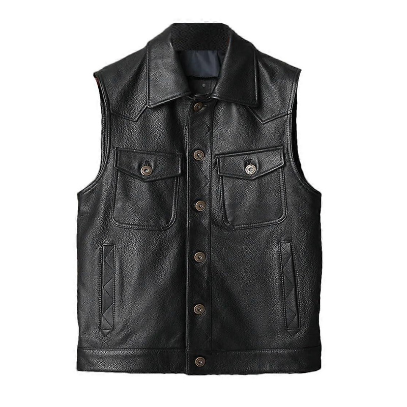 Mens  Leather Motorcycle Vest Thick Black Cowhide Sleeveless Jackets XL black