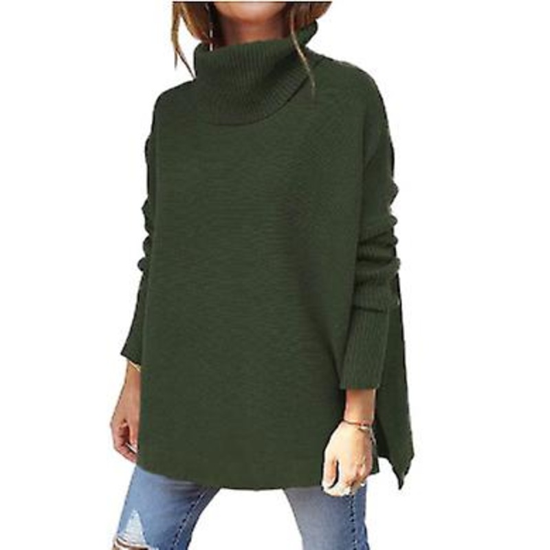 Women’s High-neck Mid-length Sweater 2023 Spring And Autumn Batwing Sleeve Split Hem Waist Pullover Sweater Coat For Ladies
