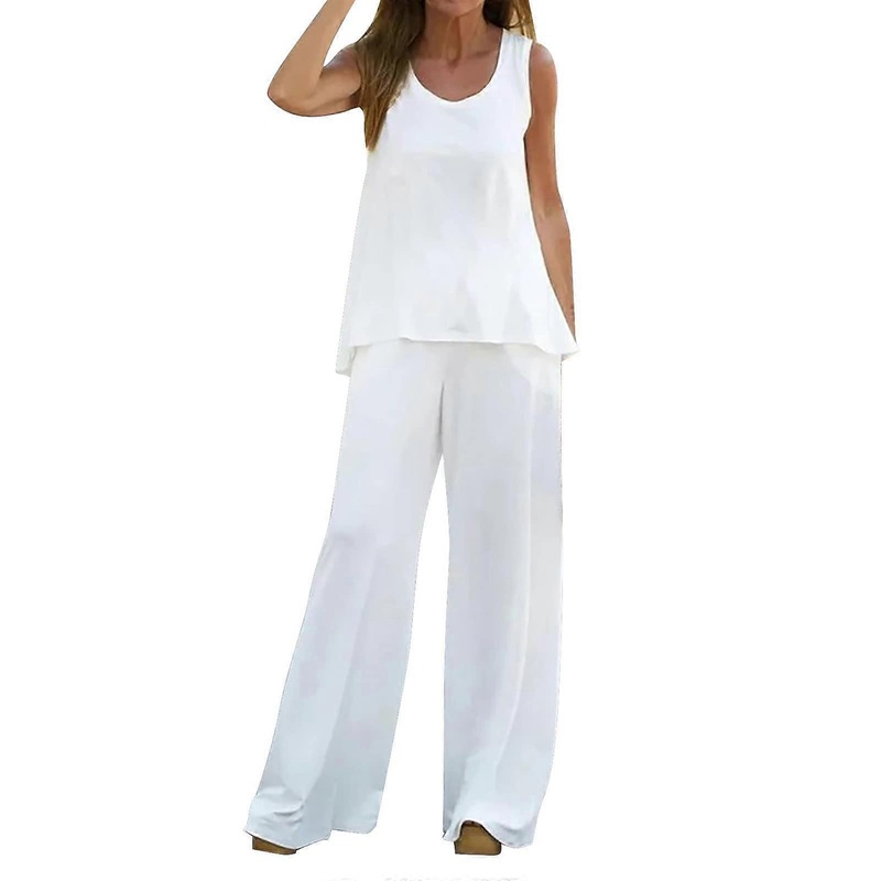 2Piece Linen Suit, Women’s Summer  and Wide Leg Pants, White Size M