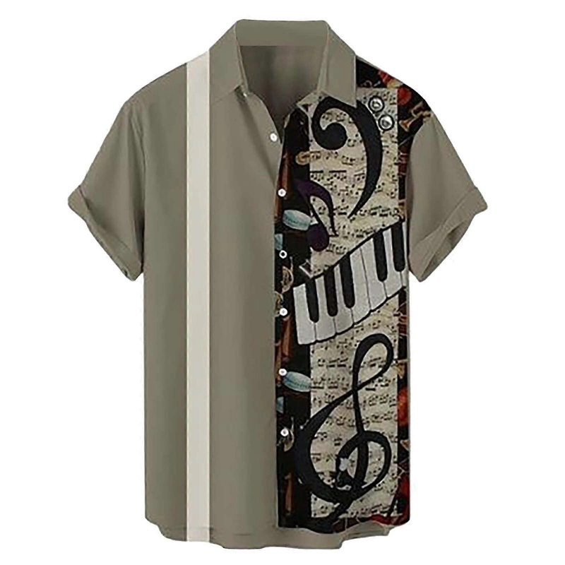 Men’s Casual Short-Sleeve Shirt With 3D Digital Print For Beach Wear, Retro Rock Style, Pocket Buckle, Dark Gray, XXL