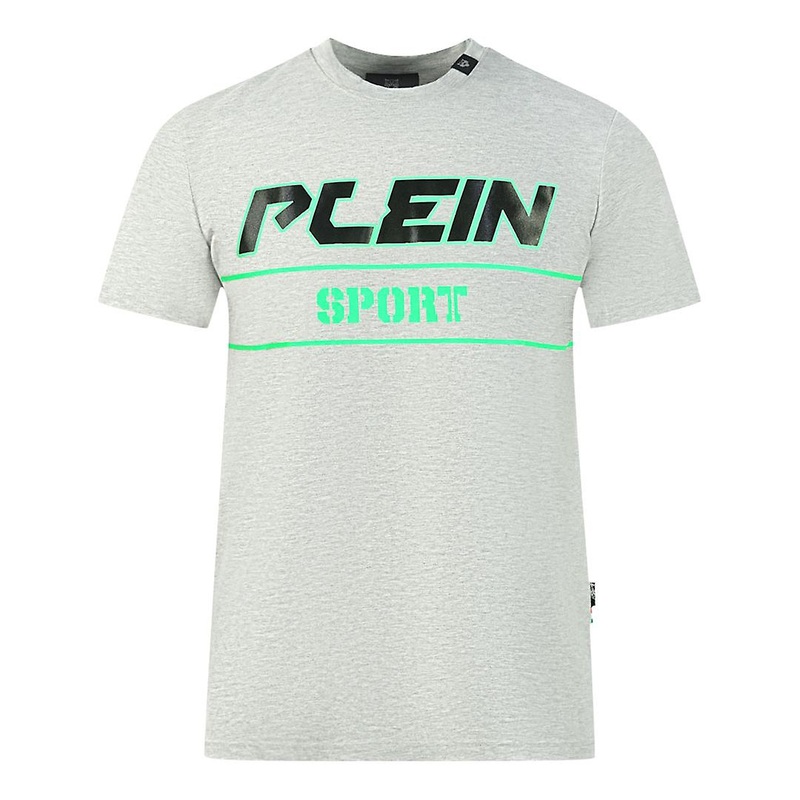 Plein Sport Green Highlighted Block Logo Grey T-Shirt
