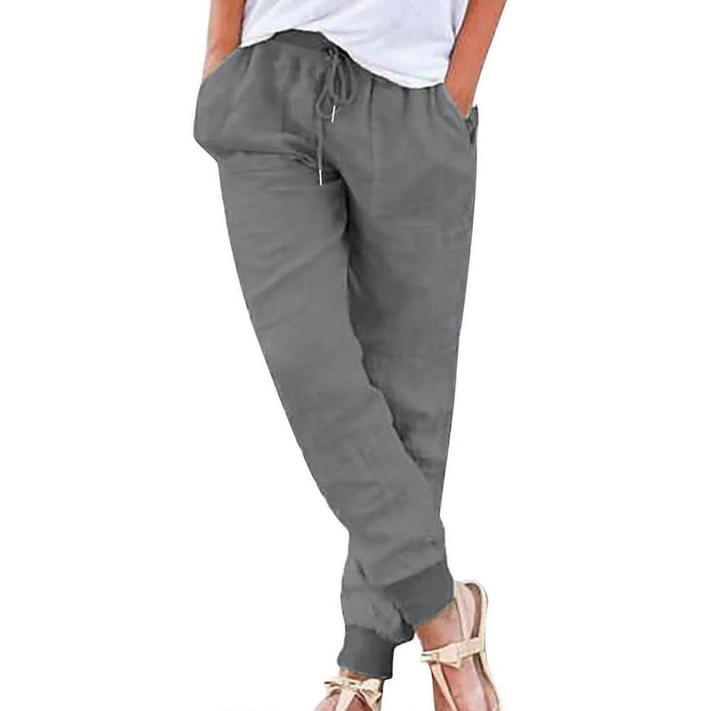 Women’s pants with drawstring, elastic knit waist, belt, pockets, cuffs, designer pants, outfit for women, gray, XL