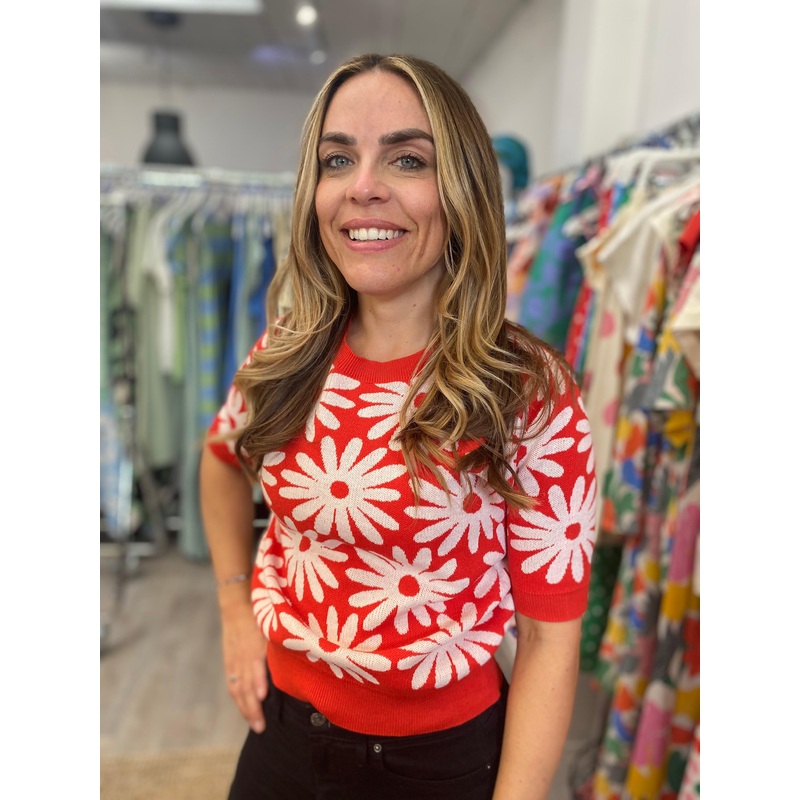 Compania Fantastica Red Daisy Print Short Sleeved Jumper