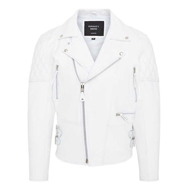 Mens White Cowhide Leather Brando Biker Jacket