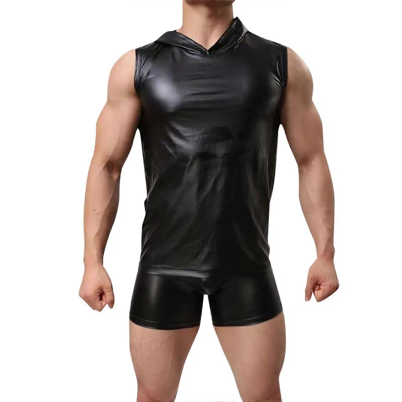 Men’s Faux Leather Vest Wet Look Muscle Shirt 4XL Black