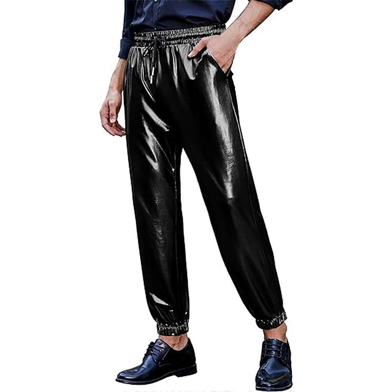 Men’s Metallic Shiny Jogging Pants for Disco Party, Hip-Hop, Nightclub, Festival – Elastic Fit, Black, Size M