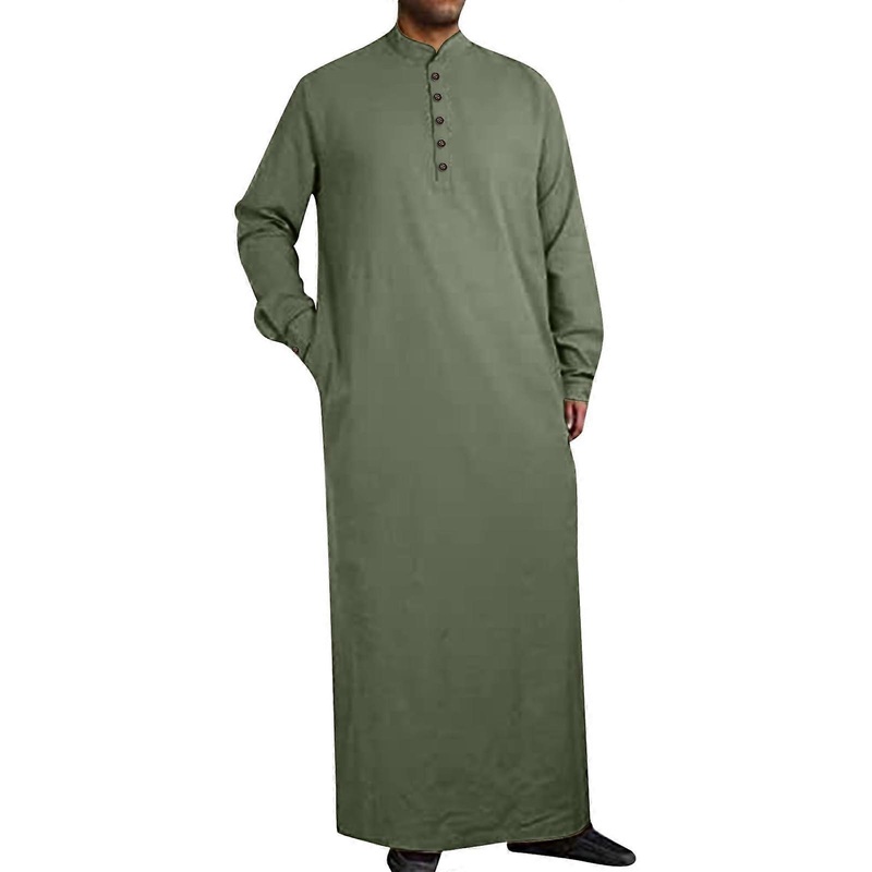 Muslim Kaftan Abaya For Men, Long Sleeve, Side Opening, Breathable Bathrobe, Prayer Clothing, Ethnic Casual Shirt, Size M, Green