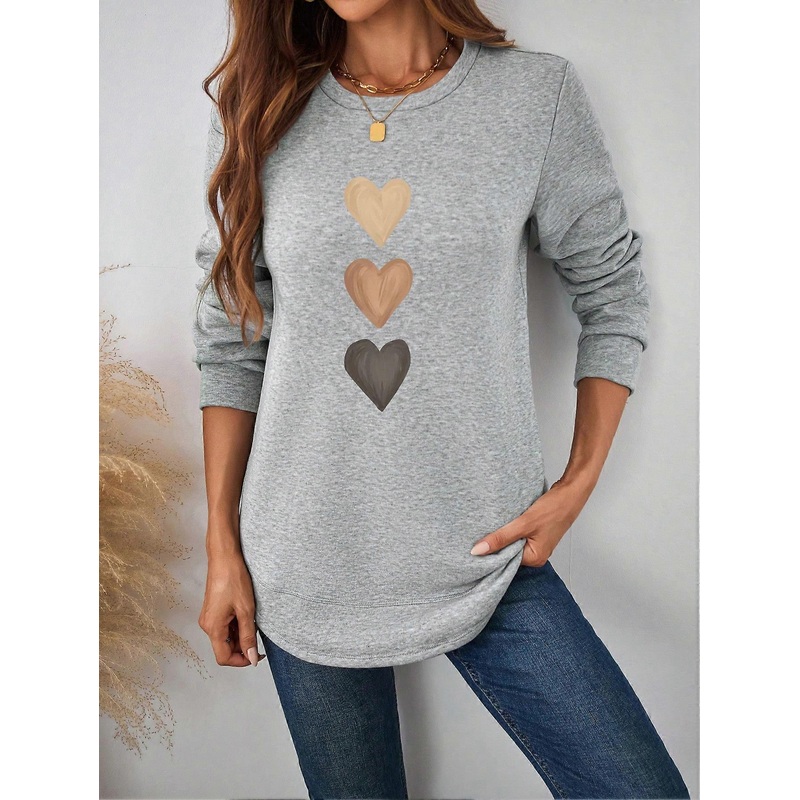 Women’s Casual Heart Pattern Thickened Crew Neck Sweatshirt, Apricot Color, Suitable For Autumn/Winter