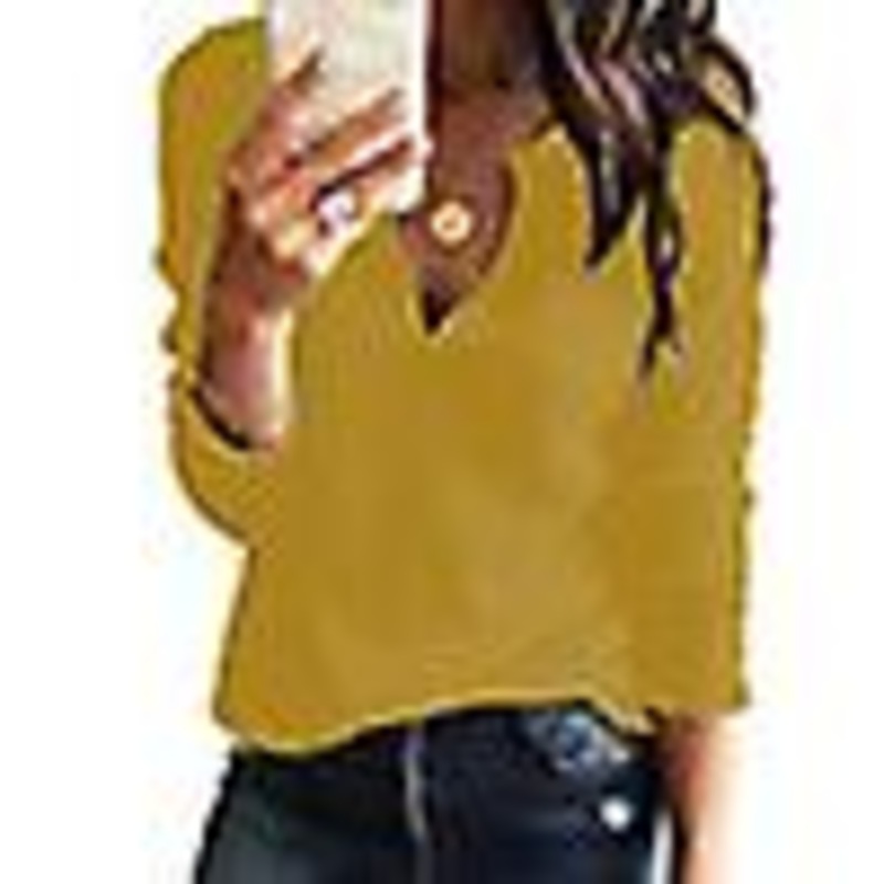 Women Waffle V Neck Casual Loose T Shirt Ladies Long Sleeve Blouse Pullover Tops
