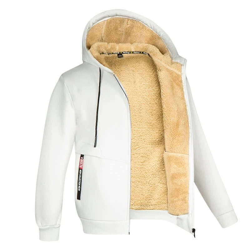 Men’s Winter Jacket XL White Teddy Plush Lined Fleece Coat with Hood Thick Warm Zip Up Sweat Jacket