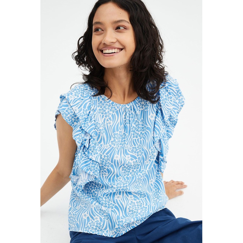 Compania Fantastica Blue Floral print top with ruffles