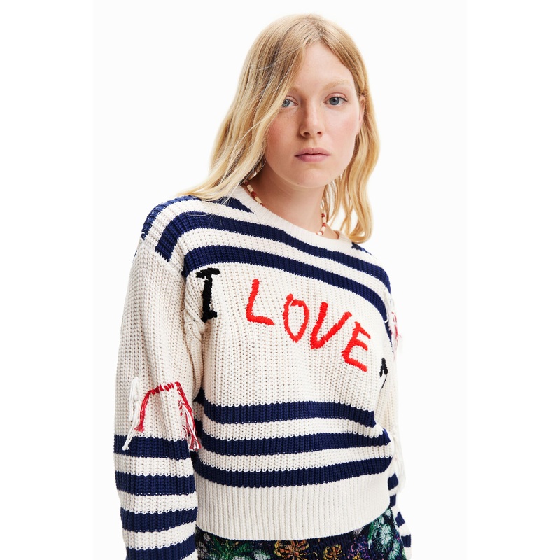 Desigual I Love Me Chunky Knit Slouchy Sweater Blue / Striped 23SWJF38