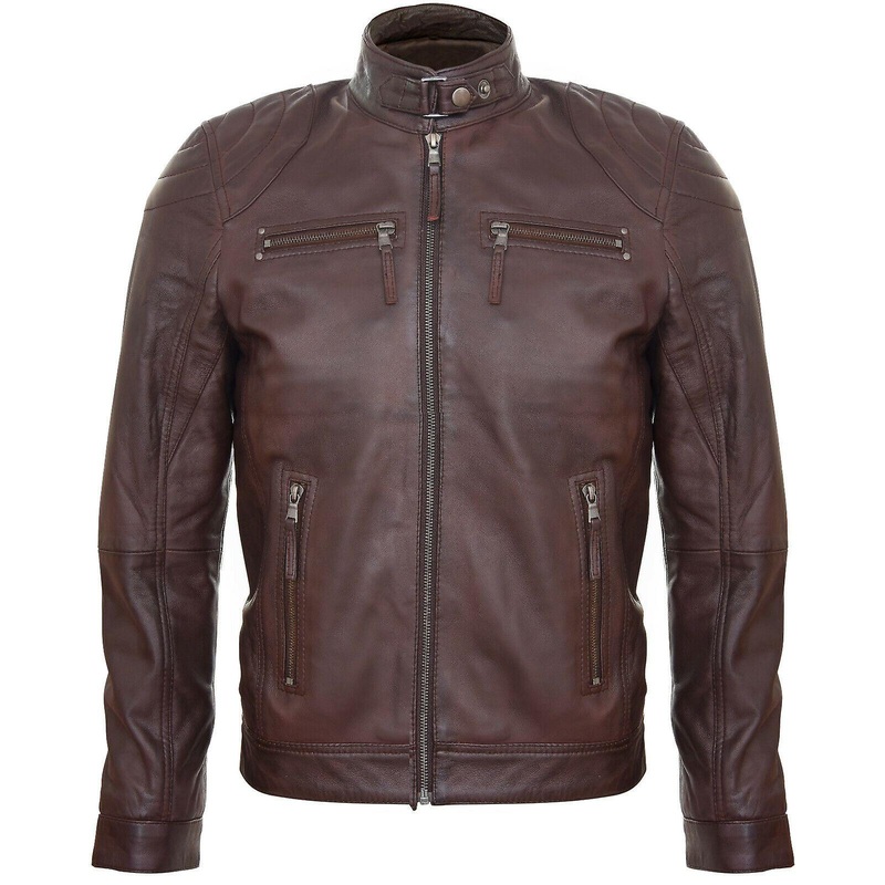 Men’s  Brown Leather Zipped Biker Jacket
