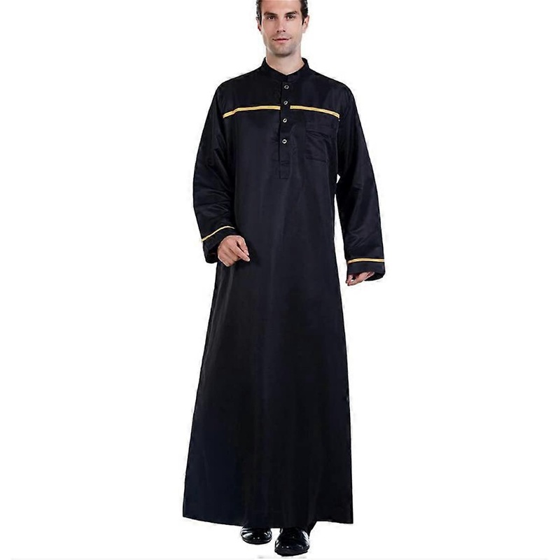 Musulman Habille Homme Thobe Stand Collar Black Islamic Clothing for Men, Arabic Kaftan Kurta, Size S