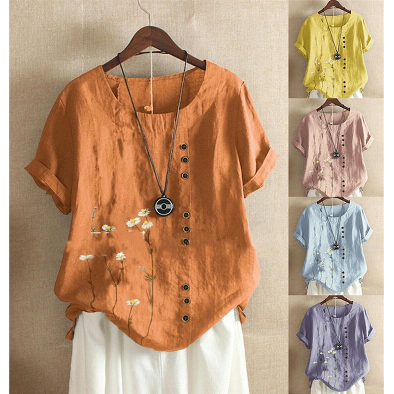 Summer Womens Cotton Linen Tunic Blouse Tops Ladies Short Sleeve Shirt Plus Size