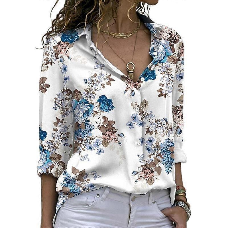 Women Oversized Shirt Long-Sleeved Blouse Loose Fashion Printing Women’s Shirts Blue Tops