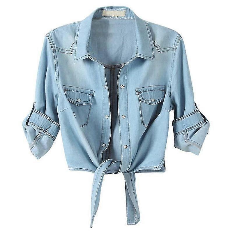 Lebanghui Women’s Casual 3/4 Sleeve Button Down Crop Jean Top Knot Tie Denim Shirt Jacket