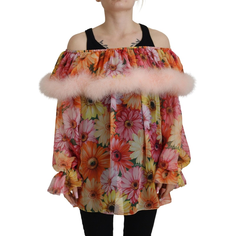 Multicolor Floral Fur Shearling Blouse Top