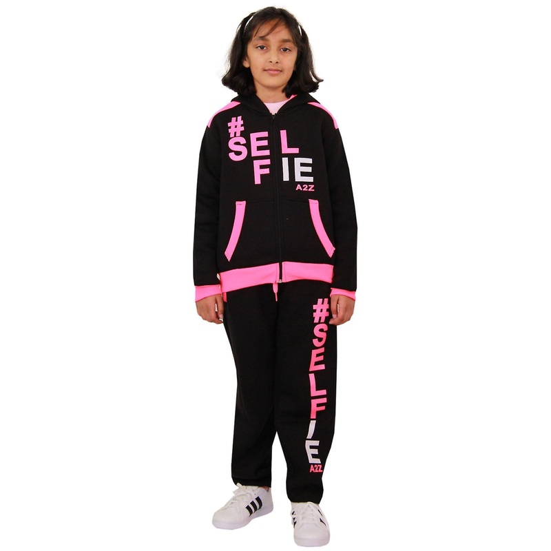 Girls Selfie Print Black & Neon Pink Tracksuit