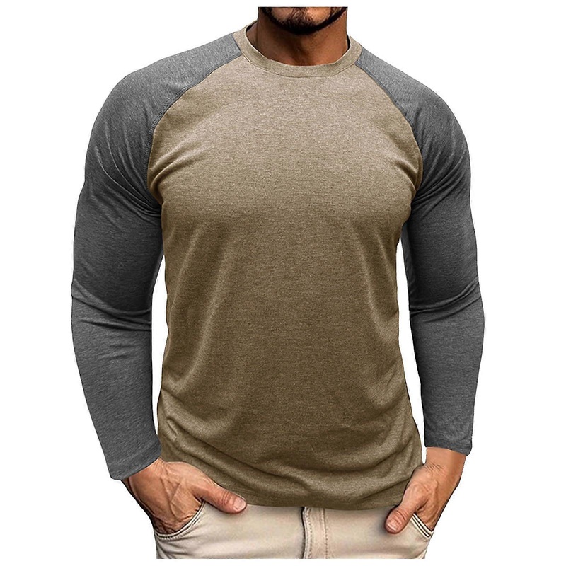 Men’s Colour Block Pullover Long Sleeve TShirt Comfortable Jumper Two Tone Khaki L