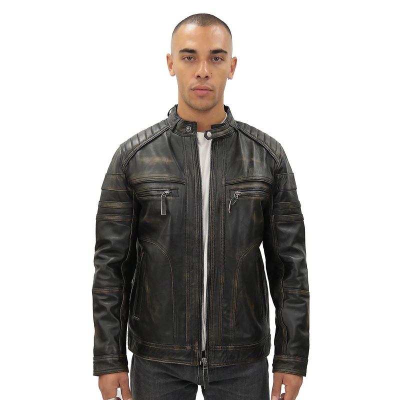 Men’s Vintage Black Leather Racing Biker Jacket