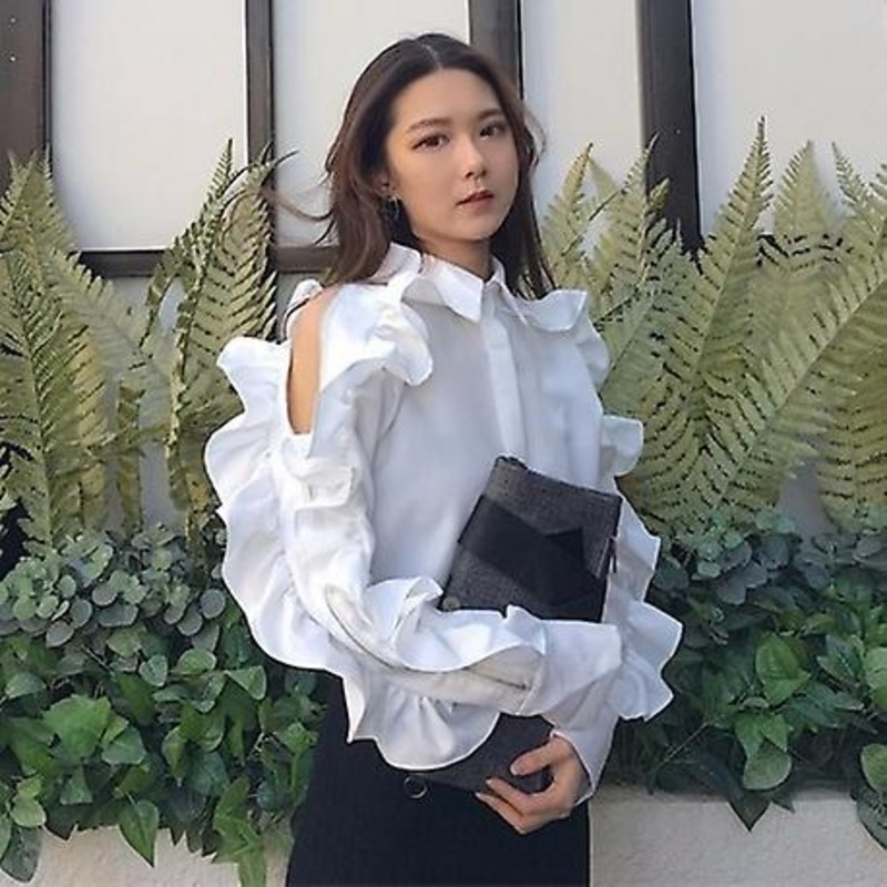Ruffles Lapel Collar Long Sleeve Blouse