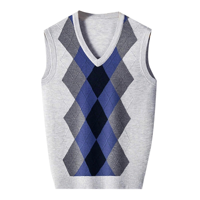 Men’s Sweater Vest Checked Sleeveless Wool Blend Vest Classic V-Neck Winter Jumper Size XXL White