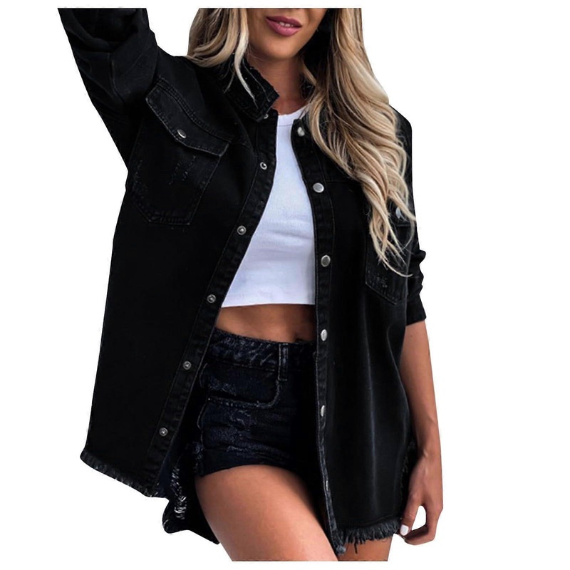 Women’s Denim Jacket Spring Summer Long Sleeve Casual Outwear Black Size S
