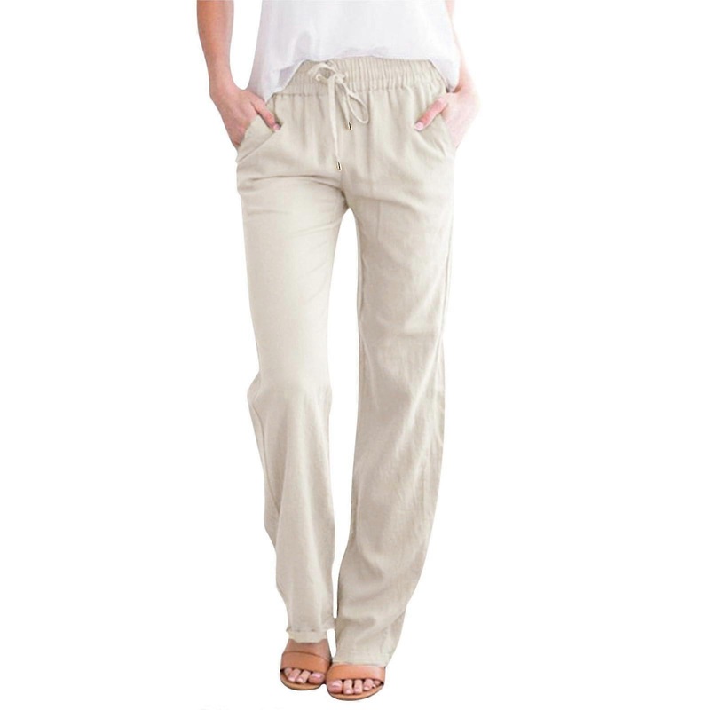 Womens Cotton Linen Blend Pants 2025 Breathable Relaxed Fit Basketball Style Elastic Drawstring Waist Long Beige Size S