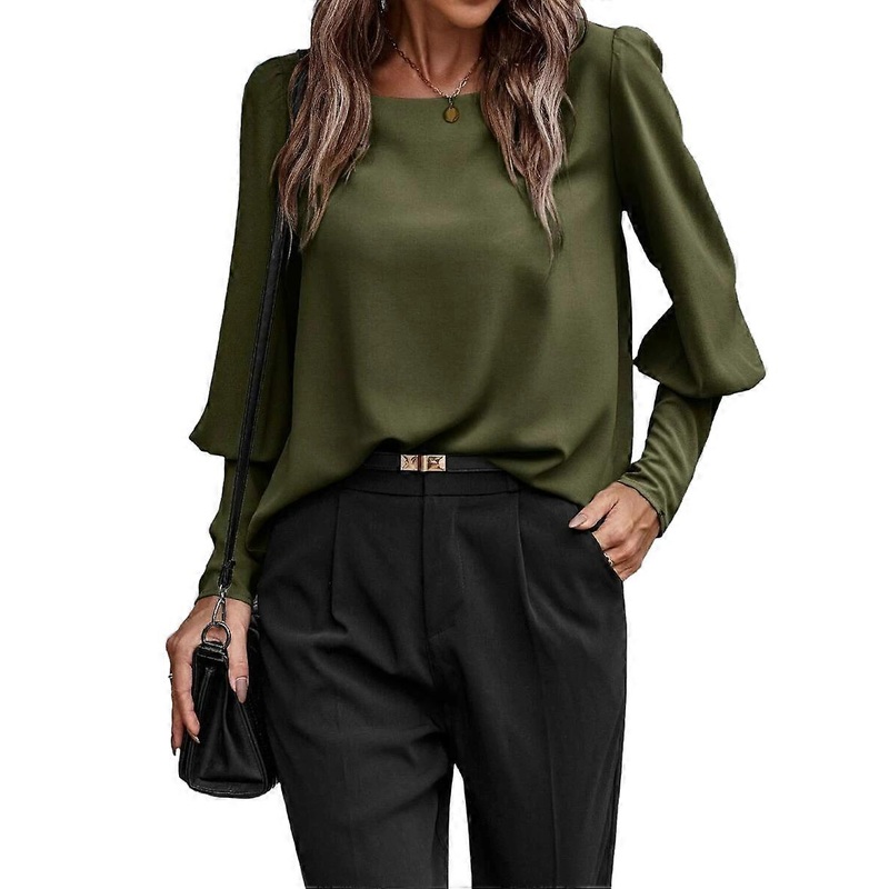 Women Blouses Long Lantern Sleeve O Neck Button Tops Loose Shirts Solid Army Green Color