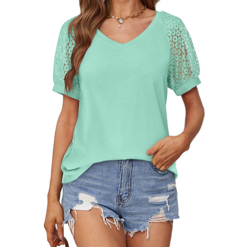 Women’s T-Shirts Summer Short Sleeve V Neck Tee Loose Casual Lace Knit Tops Light Green