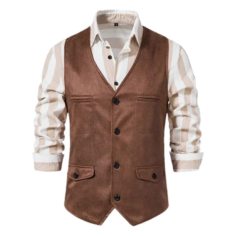 Herren West-Cowboy-Weste Khaki M Vintage V-Ausschnitt Einreihige Schmale Passform mit Brotaschen Oberbekleidung