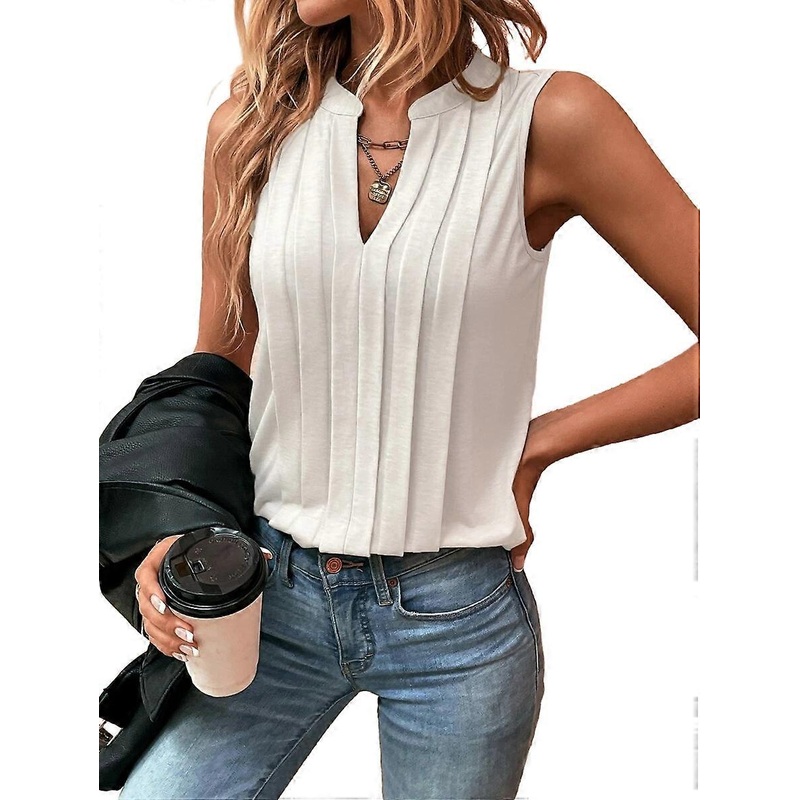 Women’s T Shirt Sleeveless Tees Blouse Pleated V Neck Tank Top Elegant Shirt White