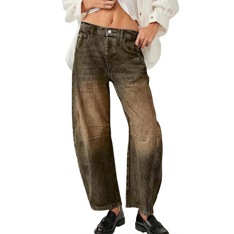Women’s Y2K Baggy Jeans, Wide Leg Denim, Cropped 7/8 Length, Vintage 90s Streetwear, Pockets, O Braun L