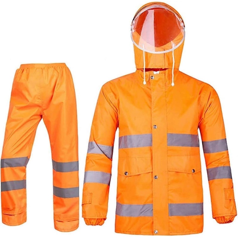 Waterproof rain jacket with hood for men and women, pants set, lightweight raincoat with reflective strips (M) M Orange