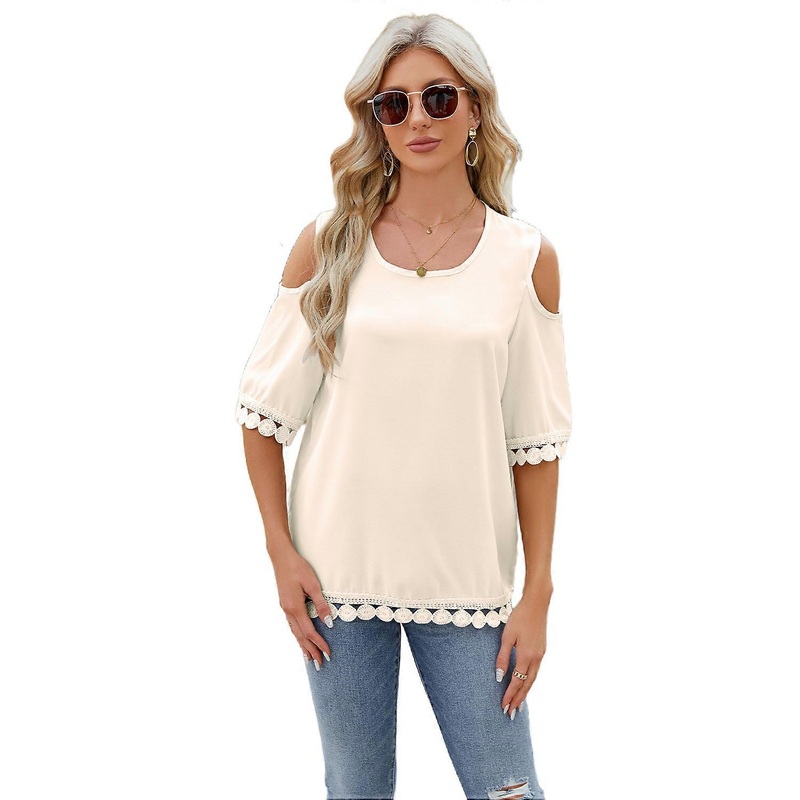 Women’s Off Shoulder Floral Border Tops Round-Neck Loose Casual T-Shirts Short Sleeve Tees Apricot