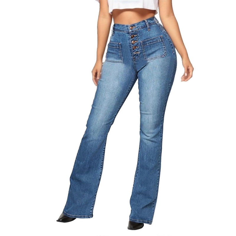 Damen Flare Jeans High Waist Vintage Schlaghose Stretch Jeggings mit Taschen Bootcut Leggings Blau XL