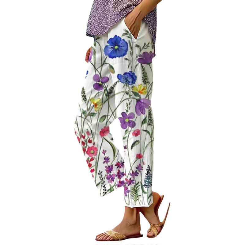 Summer Trousers Women’s Lightweight Linen Boho WideLeg Waist Beach Trousers Floral Print White S