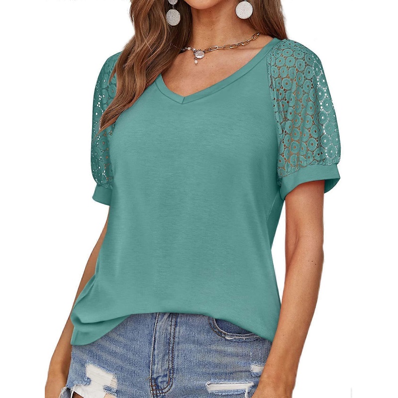 Women’s T-Shirts Summer Short Sleeve V Neck Tee Loose Casual Lace Knit Tops Dark Green