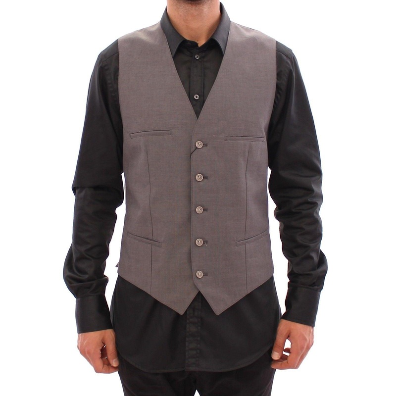 Gray Cotton Slim Fit Button Front Dress Vest